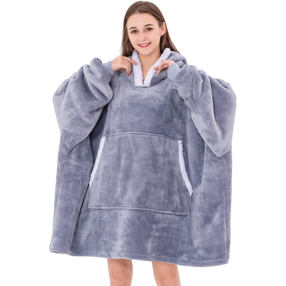 Super Soft Warm Sherpa Wearable Blanket Hoodie Grey